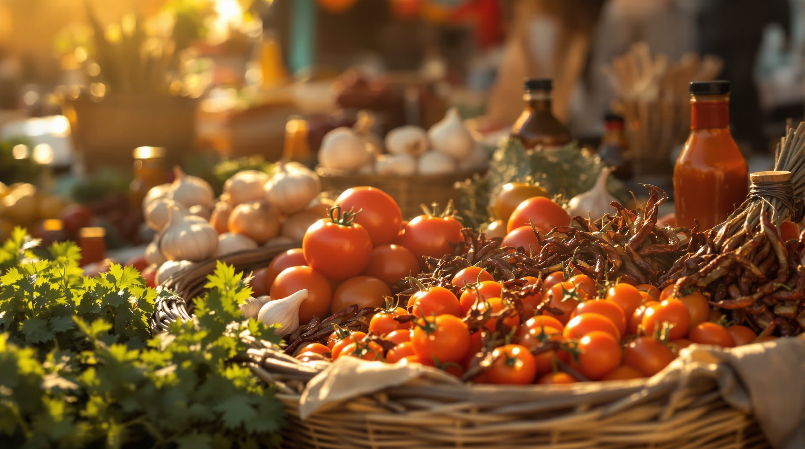 A still life of ingredients and a single sauce bottle in afternoon light